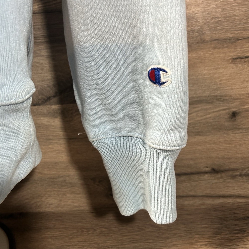 Champion Reverse Weave Triple Script Logo Pullover Hoodie Large Light Blue - Picture 5 of 8